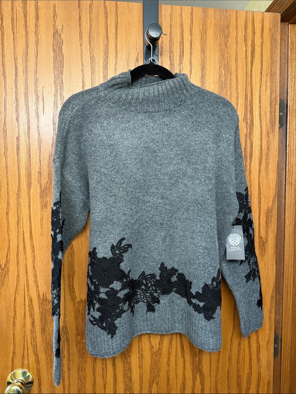 Vince Camuto Gray Sweater with Black Floral Appliqué
